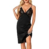 OPOIPIN Women's Satin Nightgown Full Slip Lace Trim V Neck Sleeveless Chemise Silk Lingerie Nightdress