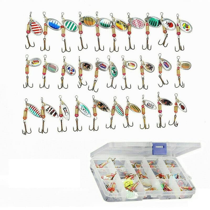 30pcs Fishing Lures - Hard Metal Spinner Lures & Spinner Baits for Perch, Pike, Walleye, Trout, Salmon & Bass