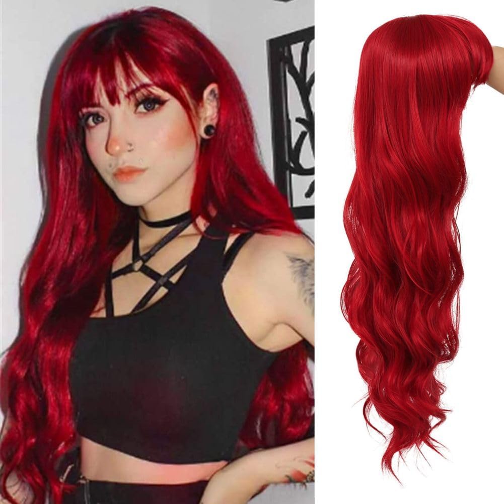 Salaibs Red Cosplay Wig with Bangs Womens Long Curly Wavy Wigs Heat Resistant Fiber Hair Wig for Halloween Costume Party Use — image 1