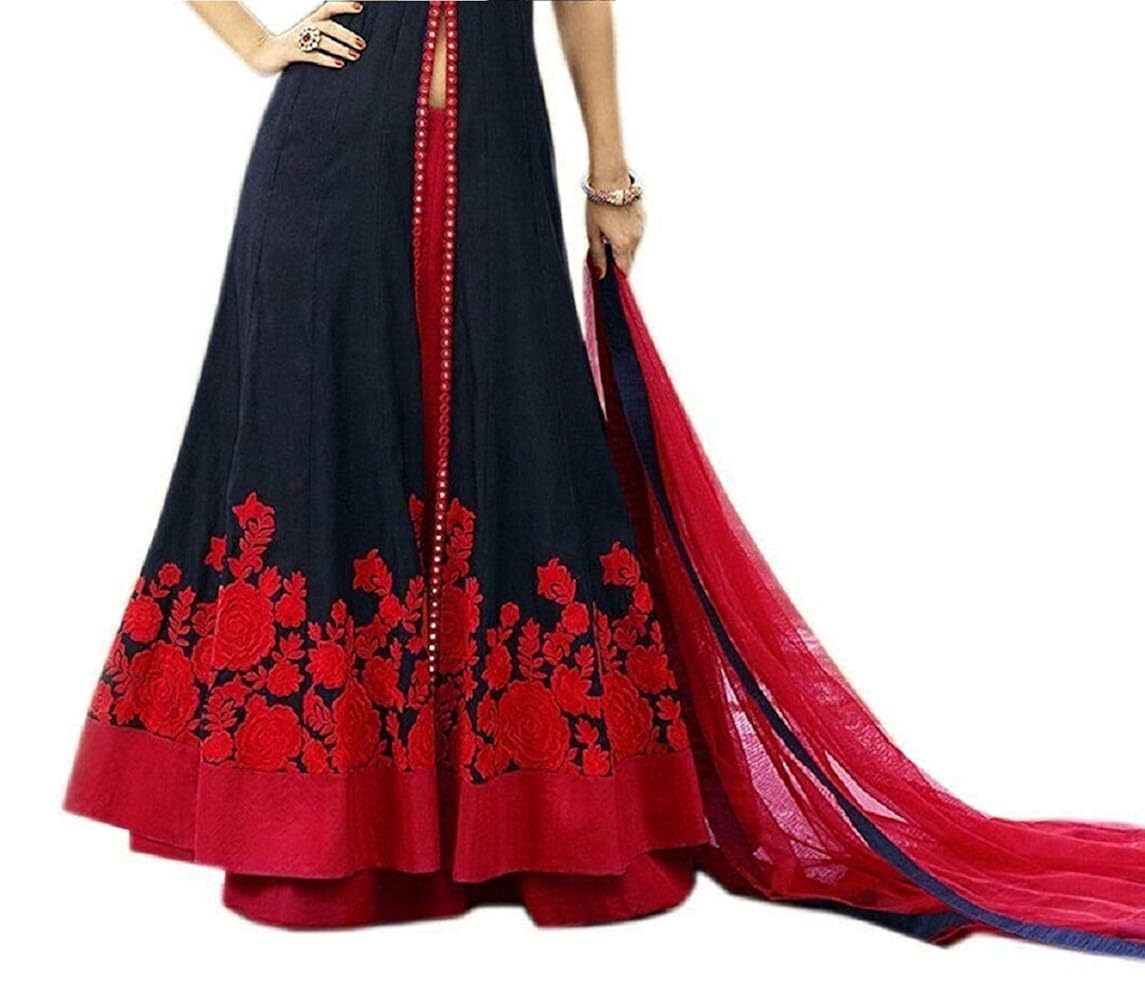 drashti villa women's embroidered semi stitched anarkali gown (free size) (blue)