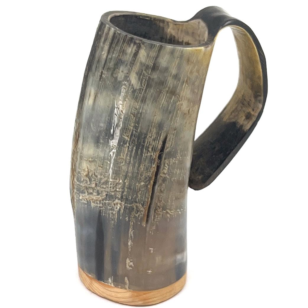 HORNCRAFT Drinking Horn Mug with Wooden Base | 600ml - 750ml Capacity | Ox Horn Tankard | Rough Finish | Genuine Ox Horn | Beer Tumbler | Drinking Vessel