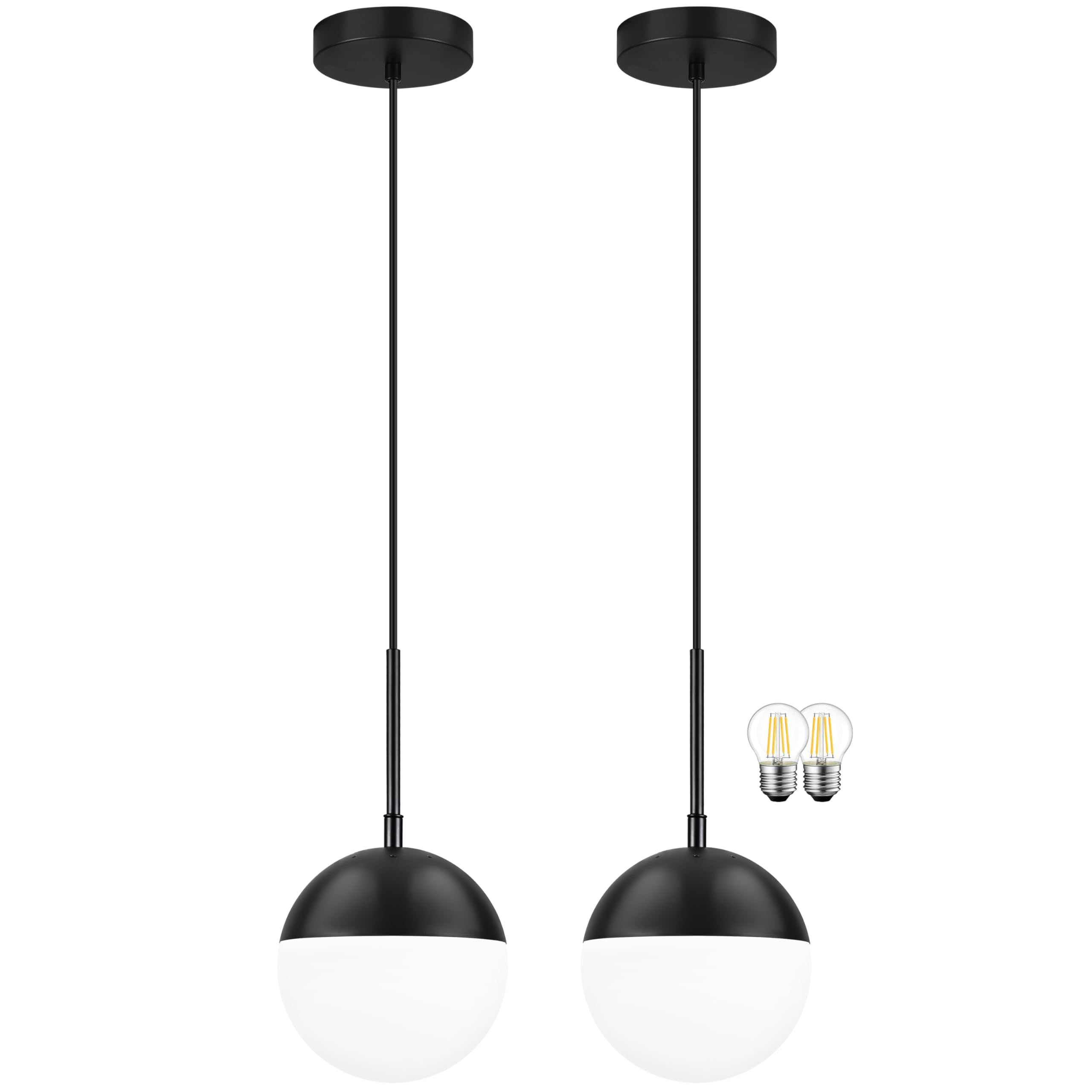Photo 1 of Mccokaige 6 Inch Black 2 Pack Mid Century Modern Pendant Light Pendants for Kitchen Island Frosted Milky White Glass Globe Height-Adjustable Modern Hanging Globe Pendant Light for Bedroom (Bulb Incl)