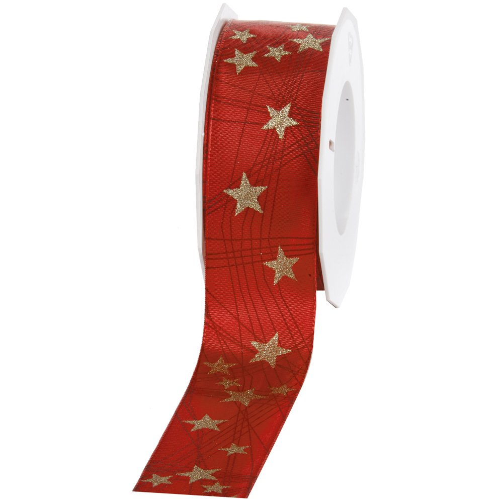 Präsent - Stars Printed Ribbon Red 20-m-Roll 40 mm width