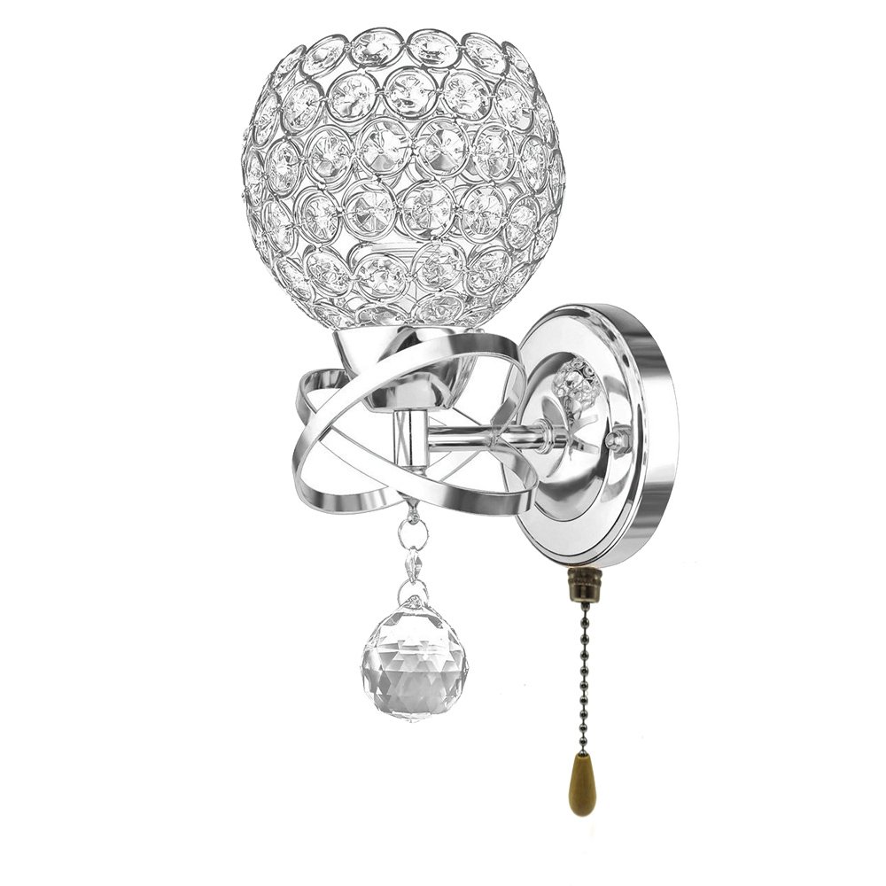 WeFoonLo Modern Crystal Wall Light Pendent Lamp Chrome Finish Bedroom Sconce Lighting Fixture with Pull Cord Switch, E14 Socket (Spherical)