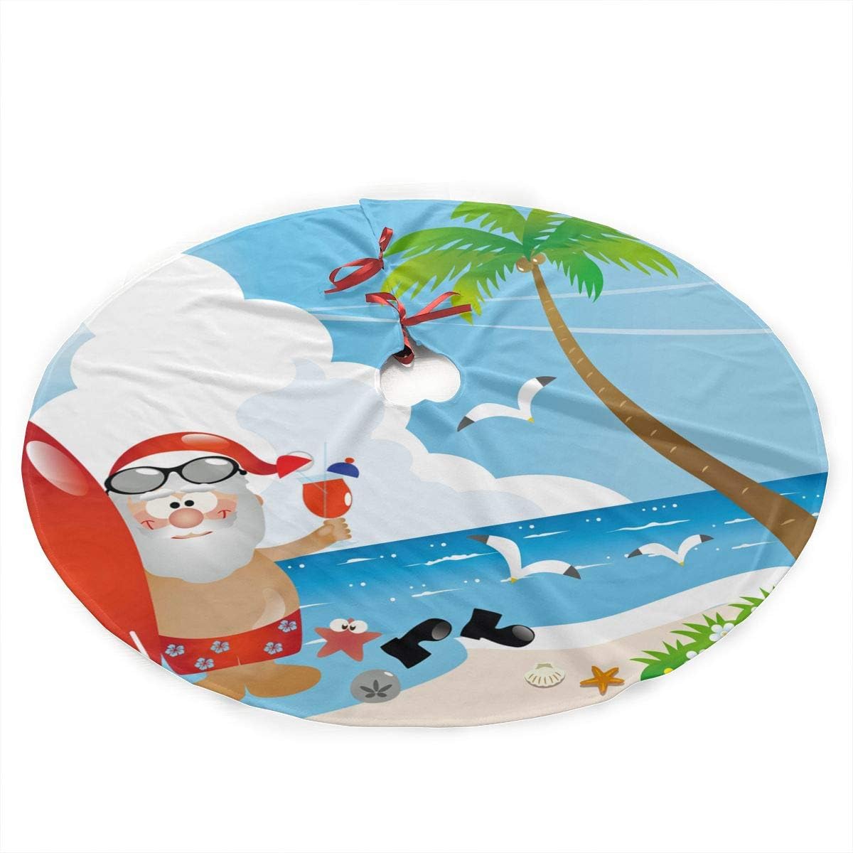 SXKKoin35.5" Traditional Holiday Christmas Tree Skirt with Santa Claus at Beach Design