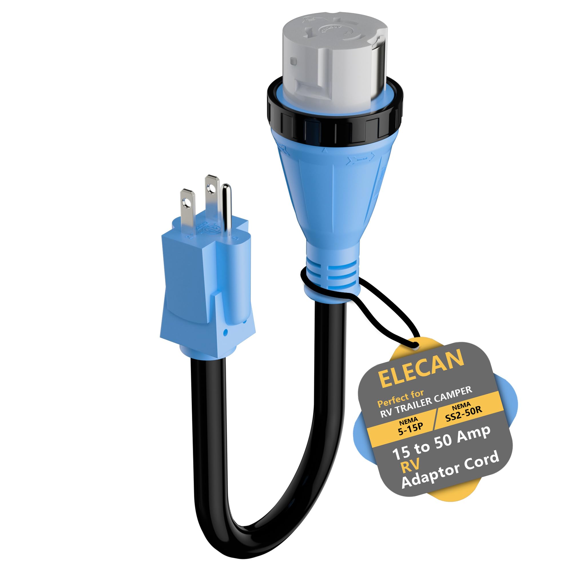 Photo 1 of Elecan RV Adapter Plug 15 Amp Male to 50 Amp Female 110V Dog Bone RV Trailer Camper Power Adapter Cord with Twist Lock,NEMA 5-15P to SS2-50R, STW 10AWG, Tight Fit, Watertight, Heatproof, 12in,1ft-Blue