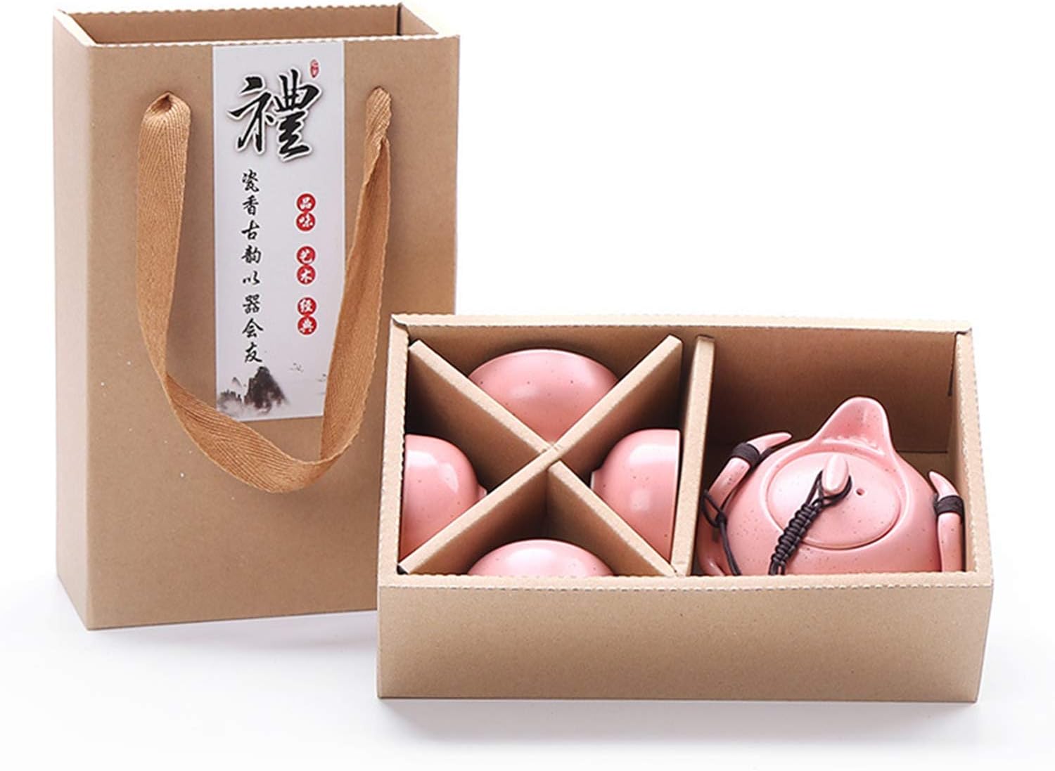Hoobar Ceramic Kung Fu Tea Set,Colorful Portable Teapot Set with 4 Cups and Gift Package,Perfect for Family, Friends and Tea Lovers (Pink)