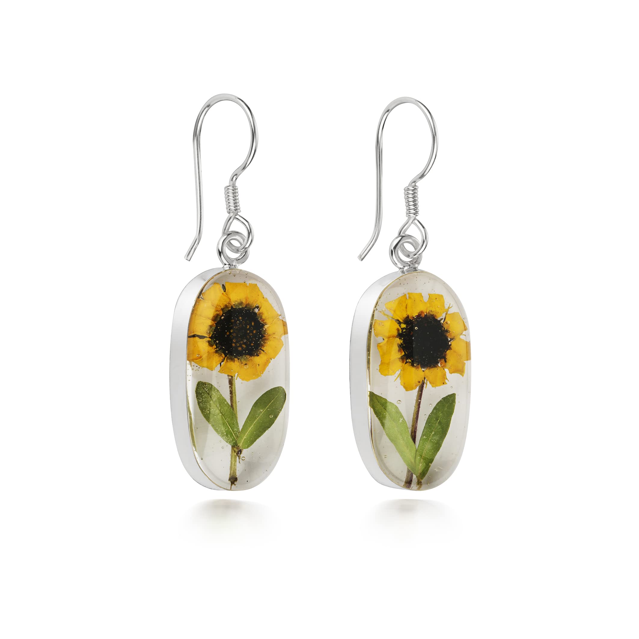 Sunflower Oval Drop Earrings Made With A Real Mini Sunflowers set in Sterling Silver