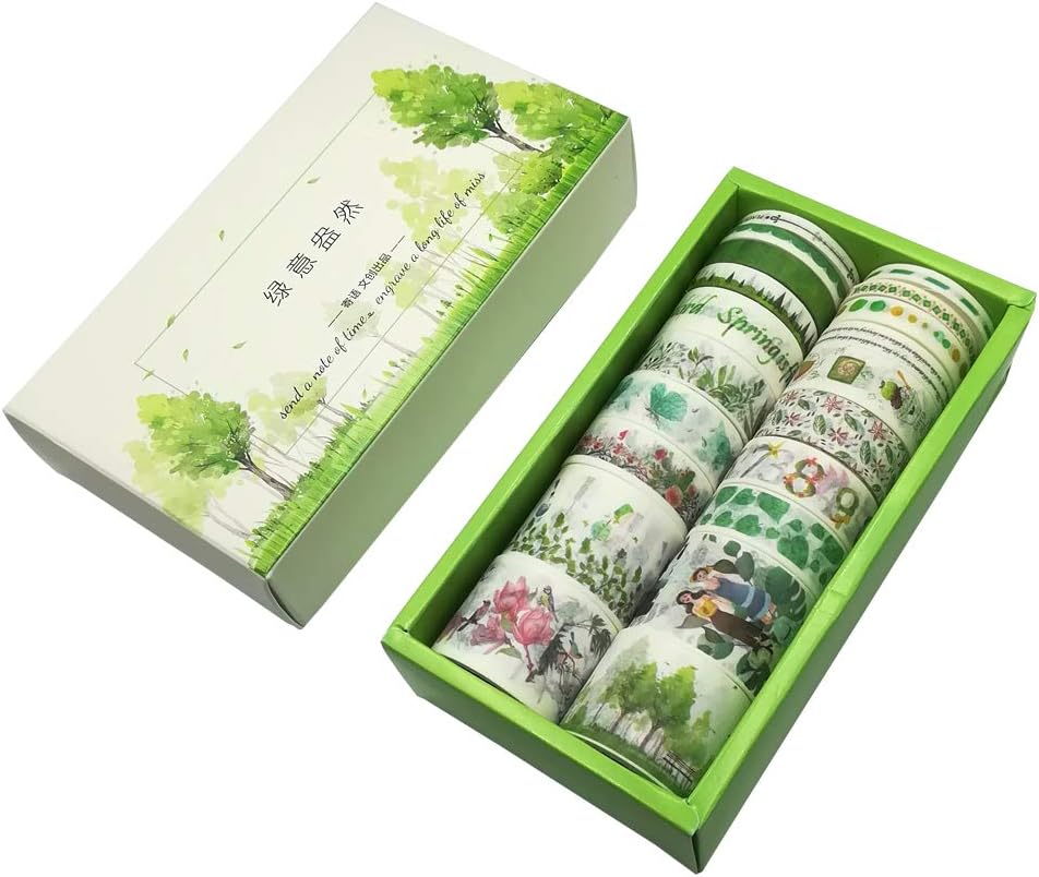 Washi Tape Set 20 Rolls Greenery Tree Plant Leaf Matcha Ice Cream Green Butterfly Flower Bird Adhesive Masking Tapes DIY Label for Scrapbooking Stationery Art Project Planner Diary Photo Album