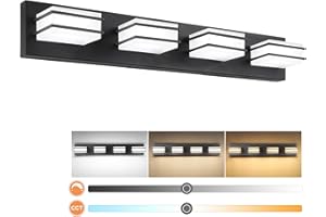 GOODATE 3 Color Temperature Dimmable Vanity Lights for Bathroom LED Black 4 Light Bathroom Vanity Light Fixtures Acrylic Stainless Steel Square Shade Bathroom Light Fixtures over Mirror, ETL Certificated