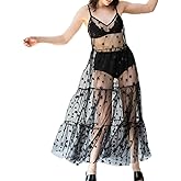 Yeselect Women See Through Cover Up Straps Sleeveless Strappy Star Lace Mesh Beach Dresses Swimwear Bikini Cover Ups