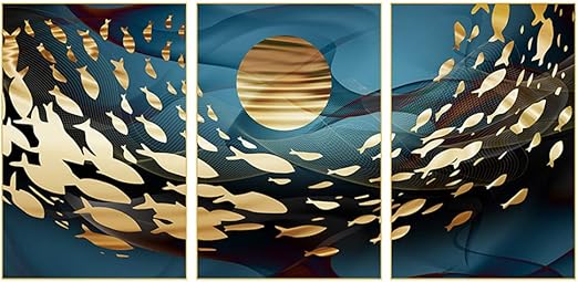 Msql 3pcs Pintura Paisaje Imagen Cielo Azul Luna Pescado Arte De