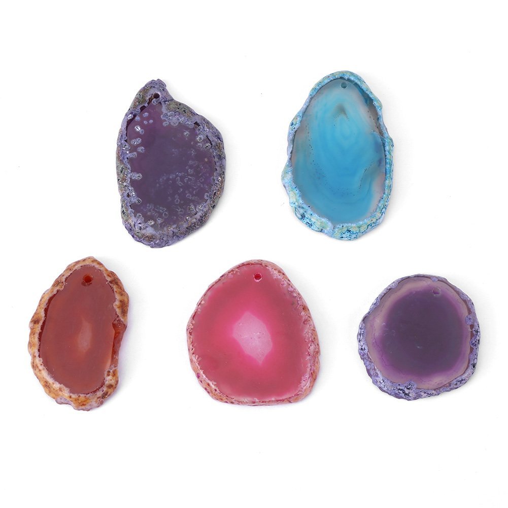 Hilitand 5Pcs Agate Slices Geode Lot Natural Irregular Shaped 30-40mm DIY Decoration Jewellery Pendant Necklace Supplies Top Drilled