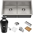 KRAUS Kore™ Workstation 33-inch Undermount 16 Gauge Double Bowl Stainless Steel Kitchen Sink with Accessories (Pack of 8) with WasteGuard™ Continuous Feed Garbage Disposal, KWU112-33-100-75MB