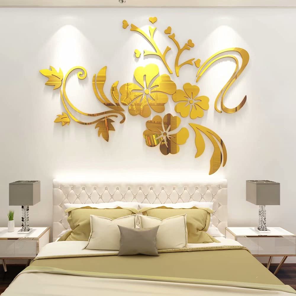 Wall Stickers Flower Mirror - 3D Wall Art for Living Room Family Wall Decals Mirror Wall Sticker Home Decorations for Office Sofa Bedroom Wall Mirror Stickers Home Decor (Golden XXL:84 * 112 inch)