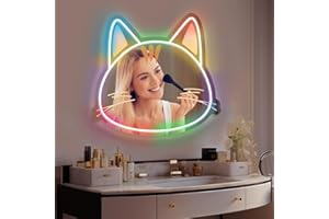 COLORNEON Cat Mirrors Vanity, Cat Stuff, Led Wall Mirror, Neon Light Sign, 210 Kinds of Color, Vanity Mirror with Remote for Makeup Mirrors, Room Decor, Bedroom, Children Gift for Teen Girl