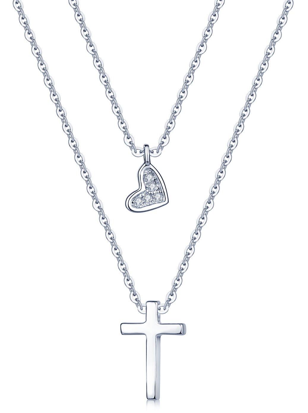 Yumilok Jewelry 925 Sterling Silver Cubic Zirconia Classic Cross and Heart Pendant Strands Necklace for Women/Girls