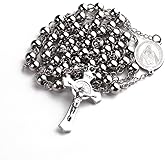 HELLOWIN 6mm Beads Stainless Steel Saint Benedict and Crucifix Cross Pendant Rosary Necklace with Gift Box