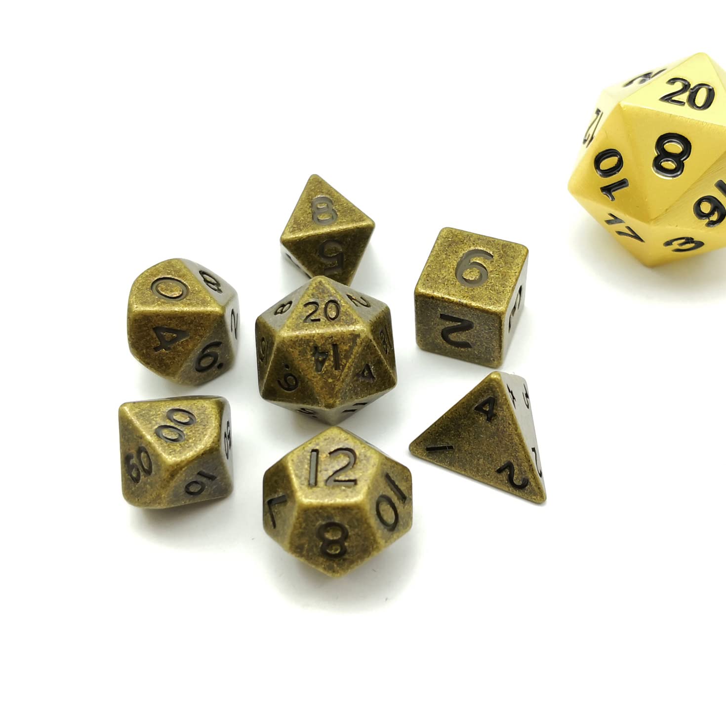 Bescon 10MM Mini Solid Metal Dice Set Ancient Brass, Mini Metallic Polyhedral D&D RPG Miniature Dice 7-sets