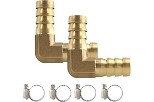 AUXBC 2Pcs 1/2Inch 90 Degree Brass Hose Barb, L Right Angle Brass Barb Elbow Connector Fitting with 4Pcs Hose Clamps for Fuel, Air, Water, Oil, Gas(12mm)