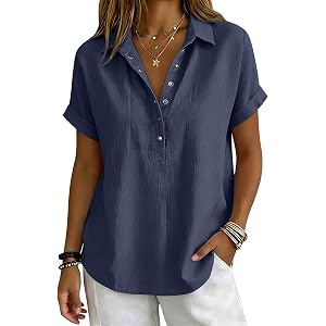 Cotton Linen Tops for Women 2026 Summer Gauze Shirts Button Down V Neck Short Sleeve Blouses Dressy Casual Clothes