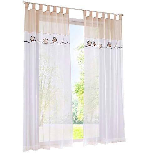 BAILEY JO 1PC Gardine mit Eule Stickerei Vorhange für Kinderzimmer Transparent Voile Vorhang (BxH 140x175cm, Sand mit Schlauf