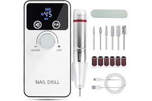 Atopskins Electric Nail Drill Kit 6 in 1 with Double Sided Nail File Emery Board 45000RPM Cordless Manicure Set for Acrylic Gel 2000mAh Rechargeable Efile Nail Grinder Professional Nail Tool LCD White