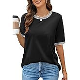 MEROKEETY Women's Summer Tops 2026 Short Sleeve Casual Trendy Striped Color Block T Shirts Loose Blouse