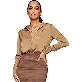 Floerns Women's Satin Long Sleeve Button Up Blouse Work Office Silky Shirts Tops