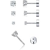3 Pairs Moissanite Flatback Stud Earrings for Women, 925 Sterling Silver Hypoallergenic Flat Back Cartilage Earrings Set, 18K White Gold Plated