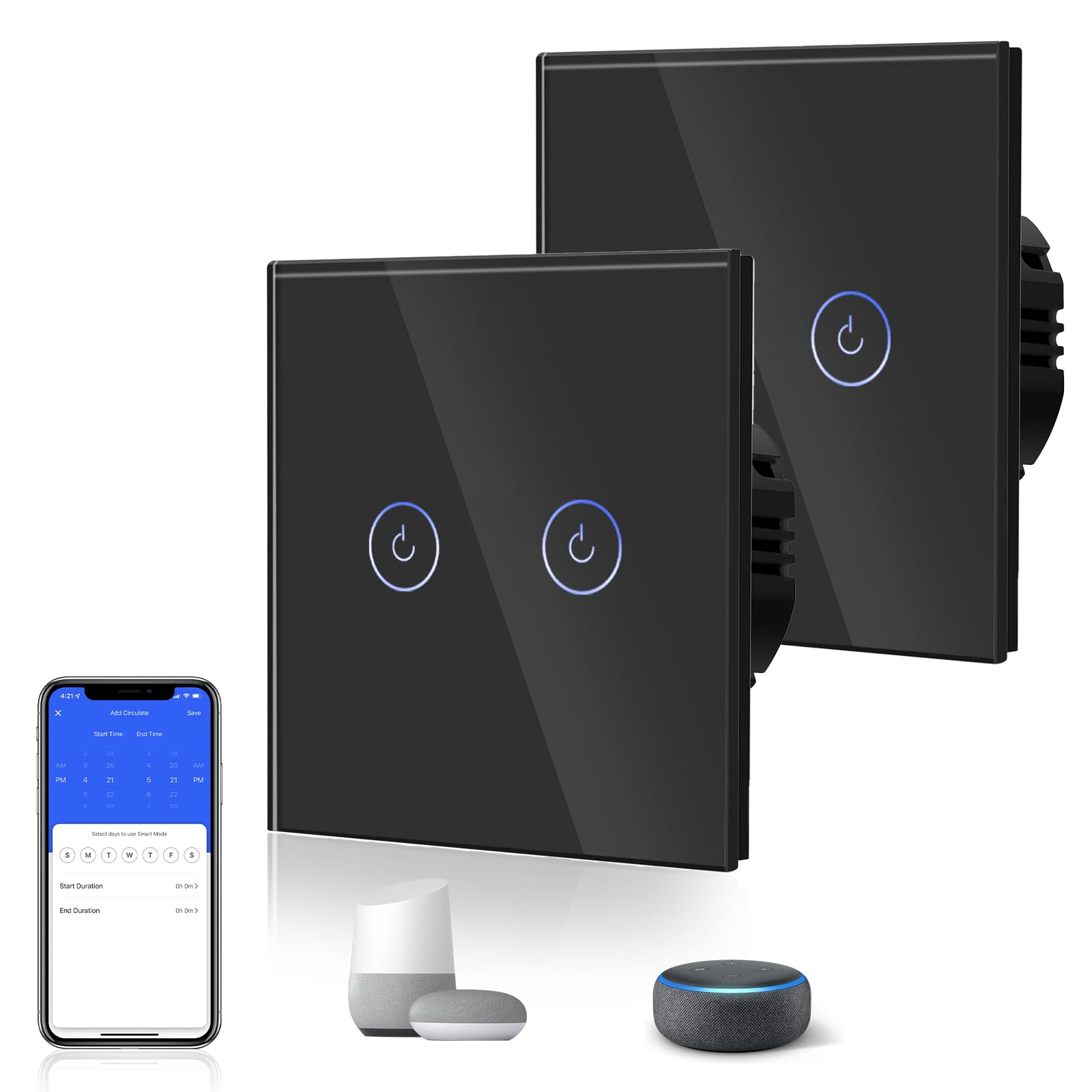 BSEED Smart Light Switch,Touch Switches for Lights,Glass Panel with Backlit,Works with Alexa & Google Assistant,Neutral Wire Required,2 Gang 2 Way(2 Pack),86mm Black — image 1