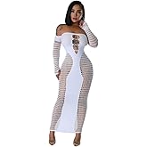 KIZOIEJE Stunning Hollow Out Long Sleeve Bodycon Maxi Dress for Women, Sexy Elegant Mesh Sheer Party Dress for Club