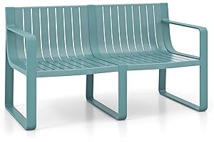 Tangkula Patio Loveseat, Weather-Resistant Plastic 2-Person Bench with Curved Backrest, Outdoor Conversation Furniture with Slatted Design for Patio, Poolside, Backyard, Garden, Deck, Lawn (Blue)