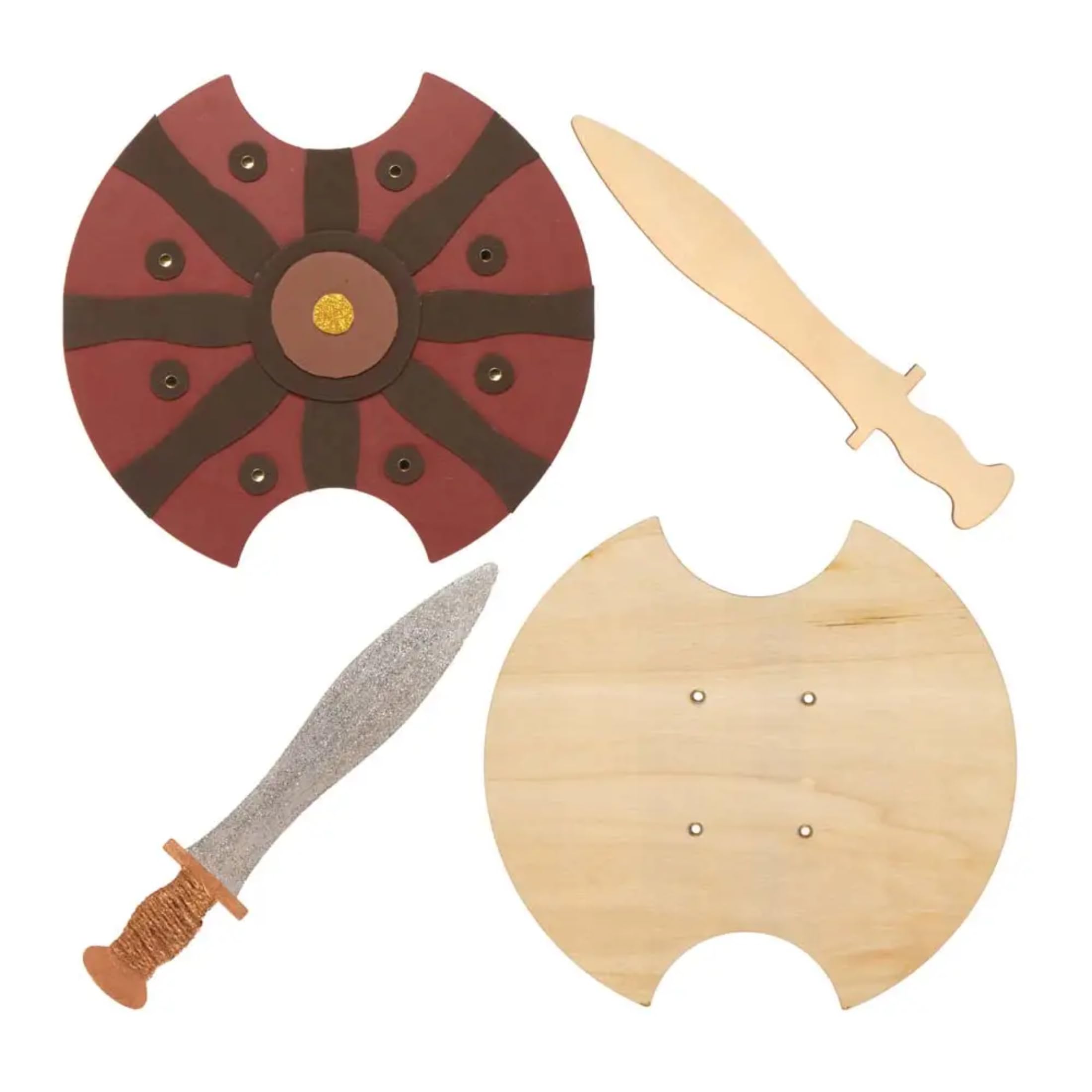 Baker Ross FE458 Gladiator Wooden Swords & Shields - Pack of 2, Wooden Sword and Shield to Decorate, Paint Your Own Sets for Kids, Fancy Dress Set for Children