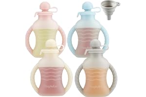 PandaEar 4 Pack Reusable Silicone Baby Food Pouches, Washable Freezer Squeezable Pouch for Toddler Kids, BPA-Free Silicone Re