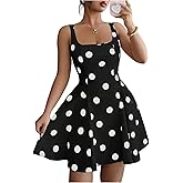 OYOANGLE Women's Polka Dots A-Line Cami Dress Square Neck Sleeveless Flared Mini Dresses
