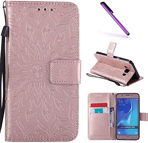 Samsung Galaxy J510 Case,J5 2016 Case,LEECOCO Fancy Embossed Floral Wallet Case with Card/Cash Slots [Kickstand] PU Leather Flip Case Cover for Samsung Galaxy J5 2016 Mandala Rose Gold
