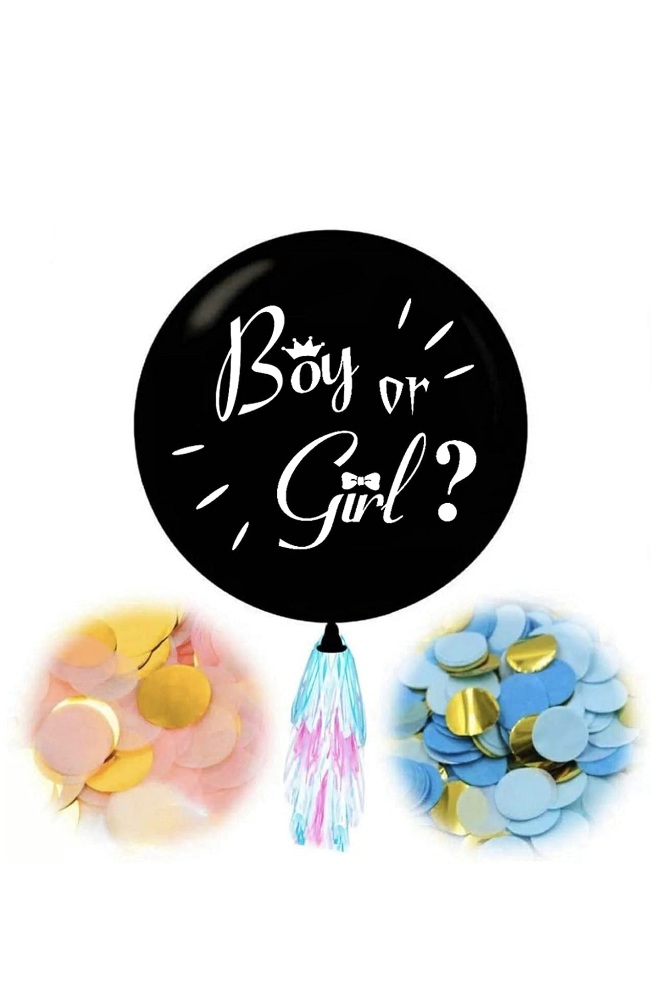 Gender Reveal Balloon With Confetti & Tassels, Large Gender Reveal Balloon 36in Confetti & Tassel is Blue & Pink. Large Gender Reveal Balloon With Confetti & Tassel