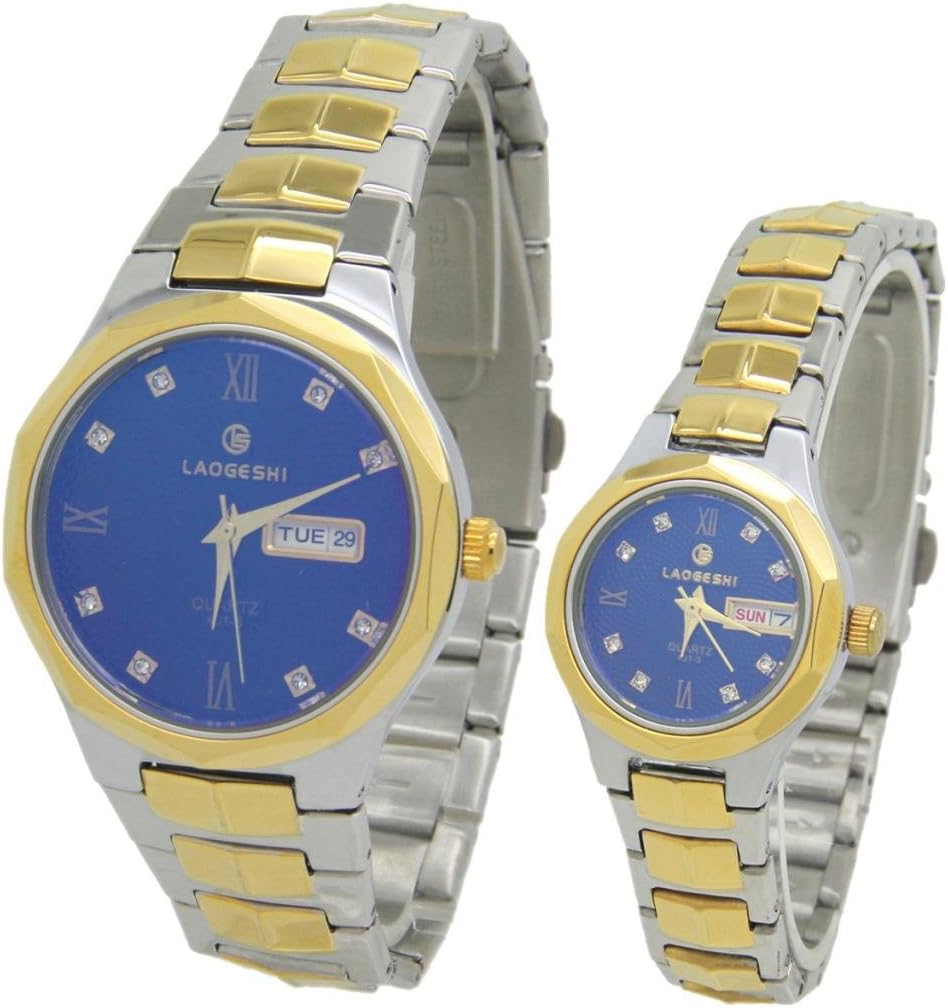 Laogeshi Couple Blue Glass Stainless Steel Quartz Watches for Lovers Pair in Package Color Golden