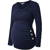 GINKANA Maternity Shirt Long Sleeve Basic Top Ruch Sides Buttons Tshirt for Pregnant