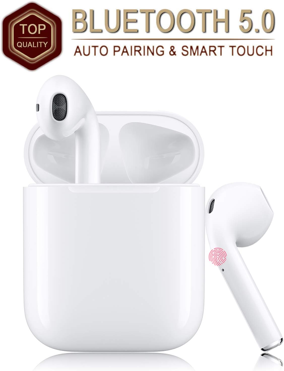 Wireless Earbuds Bluetooth 5.0 Headsets with【12Hrs Charging Case】 IPX5 Waterproof, 3D Stereo Headphones in-Ear Ear Buds Built-in Mic Earphones, Pop-ups Auto Pairing for Android/iPhone Samsung (White)