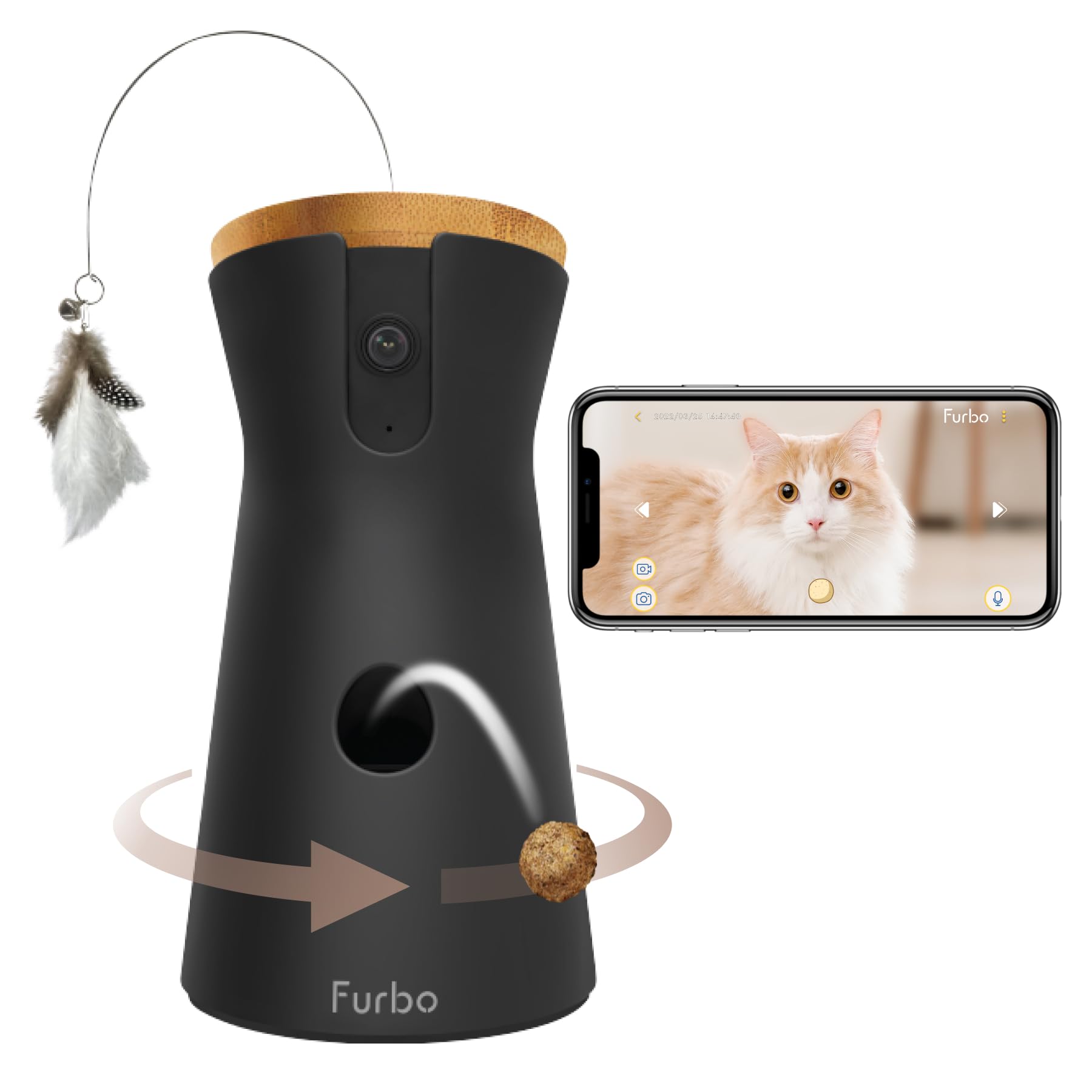 Furbo 360° Cat Camera w/App (No Subscription Required) Smart Pet Monitor & Treat Dispenser, Rotating 360° View, Auto-Tracking, 1080p HD, 2-Way Audio & Colour Night Vision, Meowing Alert, Feather Wand