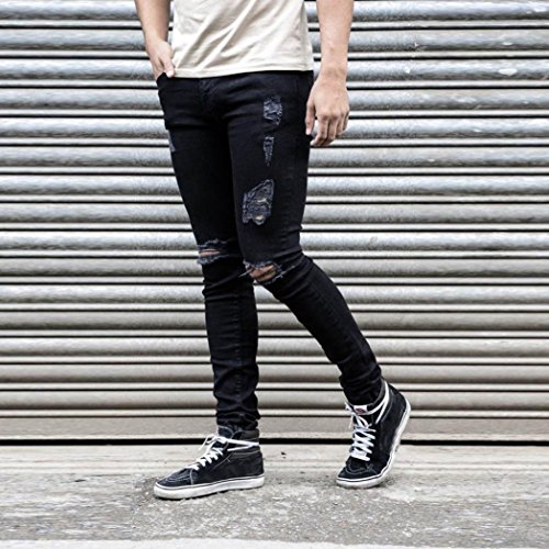 kingfansion Men's Skinny Jeans Stretch Denim Riding Broken Jeans to Destroy Close-Fitting Slim Pants Casual Pants Men's Trousers Regular Thickness (S, Black)