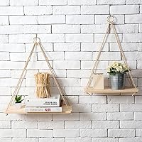 ANZ Products Premium Wood Swing Hanging Rope Wall Mounted Floating Shelves, Set of 2 - Modern Plant Flower Pot Vase Stand Book Shelf Home Decor.