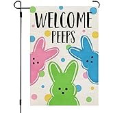 CROWNED BEAUTY Easter Welcome Peeps Garden Flag 12x18 Inch Double Sided for Outside Small Burlap Holiday Bunny Yard Flag
