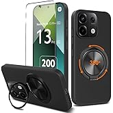 Compatible for Xiaomi Redmi Note 13 Pro/Poco X6 5G Phone Case with Screen Protector, 360° Rotatable Ring Holder Kickstand/Stand Silicone Slim Protective Cover Case for Redmi Note 13 Pro 5G - Black