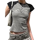 Xineicy Y2K Crop Tops for Woman Short Sleeve Crew Neck Graphic Baby Tees Grunge Wing Print T-Shirt