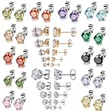 22 Pairs Stainless Steel Post 4mm 5mm 6mm 7mm 8mm Brilliant Cut Round Cubic Zirconia Birthstone CZ Stud Earrings for Women girls boys men