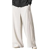 Kissonic Mens Casual Linen Pants Elastic Waist Drawstring Baggy Pants Cotton Wide Leg Yoga Beach Trousers