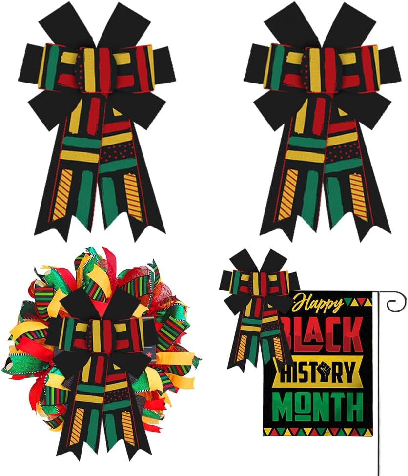 Bows & Ribbons - 2pcs Black History Month Wreath Bow, Juneteenth Bow Kwanzaa Bow for Wreath African American Red Green Black Decoration Bows for Front Door Emancipation Day Burlap Tree Bows for Indoor Outdoor Decor